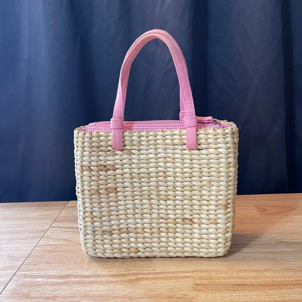 Woven Straw Daisy Tote Bag Pink Gingham Lining Sequin Floral Embroidery Small